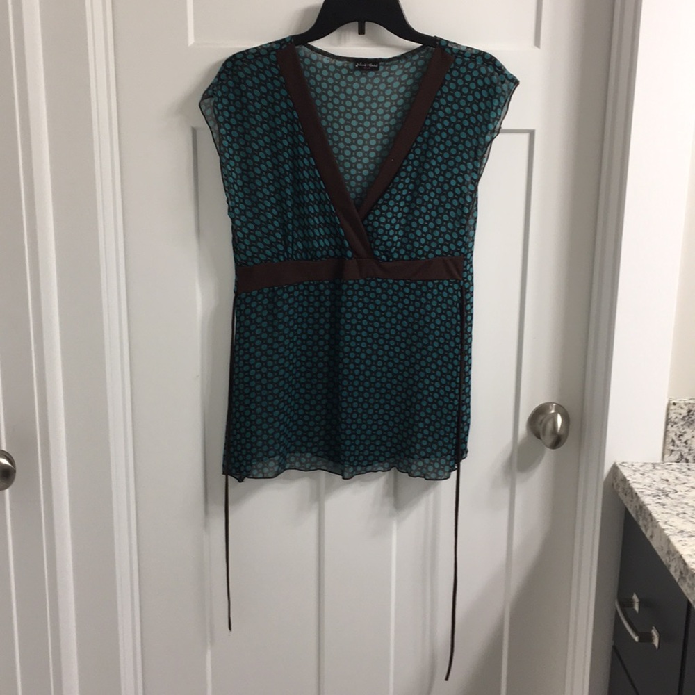Sheer teal and brown blouse